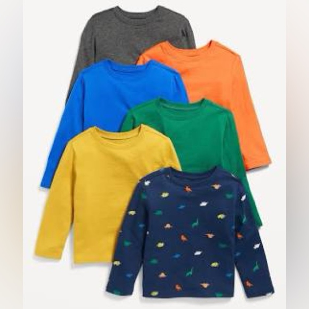 NWT Old Navy Long Sleeve T-Shirt 6-Pack - Dinosaur & Solids - 18-24M